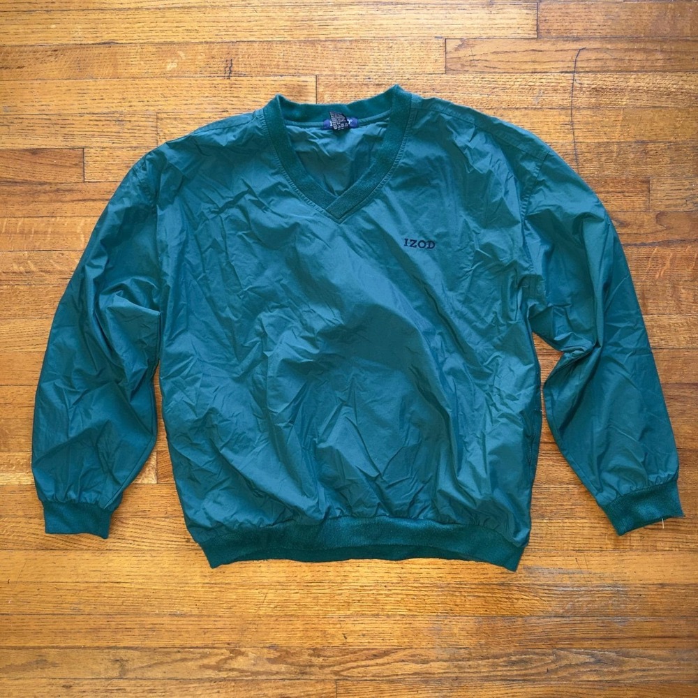 IZOD Mens Pullover Windbreaker Jacket V Neck Long Sleeve Green Large